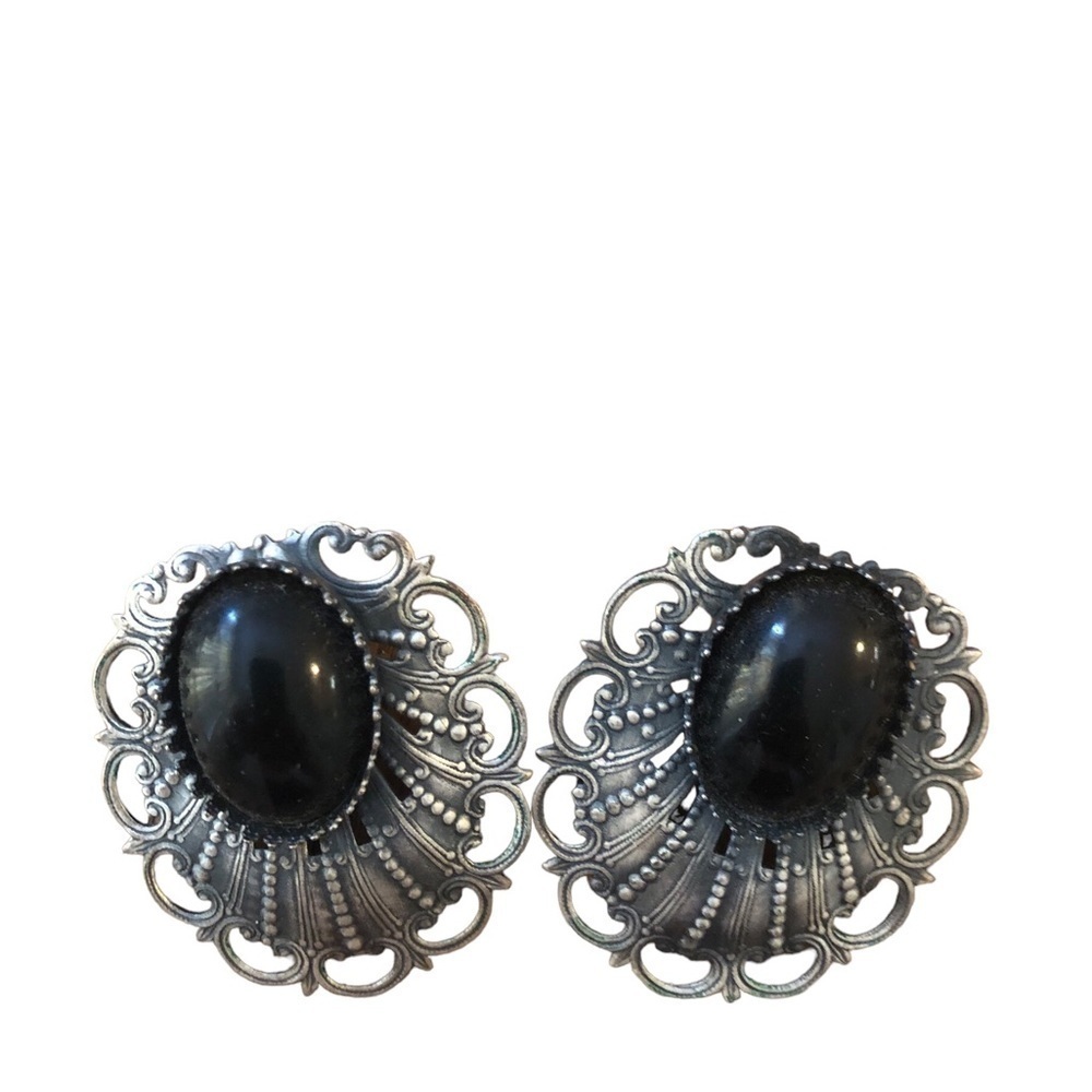 VTG Large Silver Scrolled Pierced Earring Faux Black Onyx Art Deco 70’s Costume